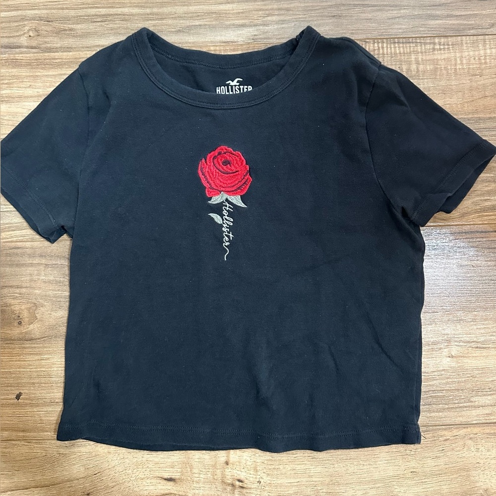 Hollister Black Baby Tee with Rose Decal